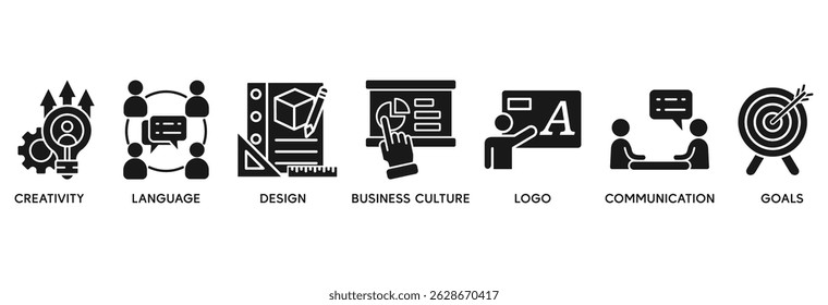 Corporate identiy icon set vector illustration concept relate to creativity, language, design, business culture, logo, communication and goals