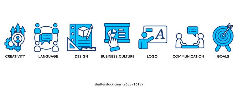 Corporate identiy icon set vector illustration concept relate to creativity, language, design, business culture, logo, communication and goals