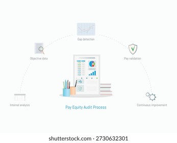 Ilustración Corporativa centrada en la igualdad de remuneración y la gestión de la remuneración justa. Infografía conceptual que representa un marco de auditoría de equidad salarial, incluido el análisis de datos, la detección de deficiencias, la validación y la mejora continua de los informes corporativos, ASG y de recursos humanos.