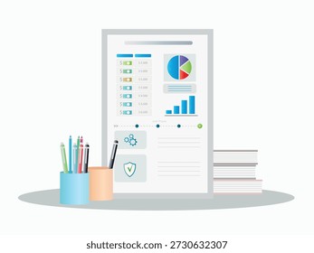 Ilustración Corporativa que representa un marco de igualdad salarial y una gestión de la compensación equitativa. Informe financiero con datos salariales, gráficos, lista de comprobación de auditoría y Elementos de validación, diseñado para análisis de negocio, estrategia de recursos humanos, informes ESG y conformidad corporativa.