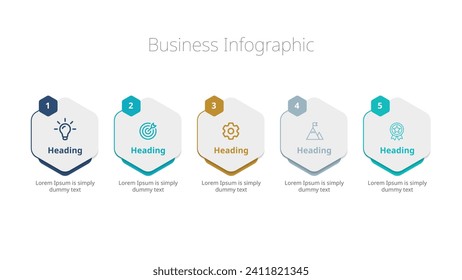 Infografik für Unternehmen: 5-Stufen-Diagramm, Hexagonaloptionen und beschreibende Etiketten