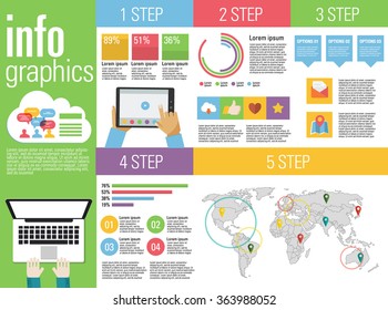 Corporate infographics vector elements in flat business colors with laptop, tablet and smarphone. 