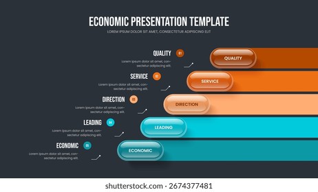 Diseño Corporativa de presentación de diapositivas de diagrama de 5 elementos. Diseño de presentación de infografía de cinco opciones de previsión de proyecto. Ilustración vectorial de Plantilla del marco de visualización del inversor.
