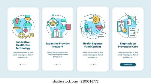 Corporate insurance for employee perks onboarding mobile app screen. Policy walkthrough 4 step graphic instructions pages with linear concept. UI, UX, GUI template. Myriad Pro-Bold, Regular fonts used