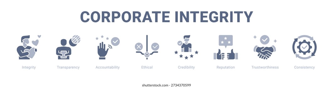 Integridade corporativa web banner ícone vetor conceito de ilustração , com ícone de Integridade, Transparência, Responsabilidade, Ética, Credibilidade, Reputação.