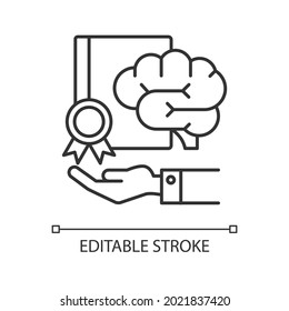 Corporate intellectual property linear icon. Company asset. Hand holding brain and certificate. Thin line customizable illustration. Contour symbol. Vector isolated outline drawing. Editable stroke