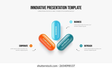 Presentación Corporativa Diseño de presentación de infografía de 3 pasos. Informe de marketing Plantilla de marco de diagrama de tres elementos. Ilustración vectorial de diseño de diapositivas de rendimiento de Profesional.