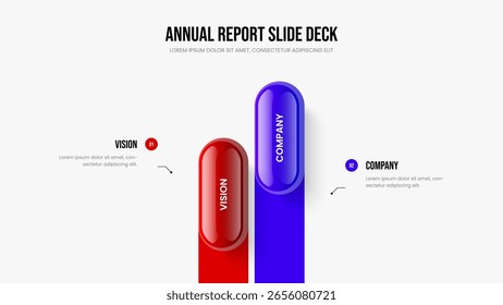 Corporate Introduction Slideshow Template Vector Illustration. Advertising Review 2 Element Diagram Slide Design. Investor Launch Two Option Infographic Presentation Layout.