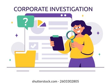 Corporate Investigation Vector Illustration Featuring Observation, Examination, Information Search, and Research for Future Analysis in a Background