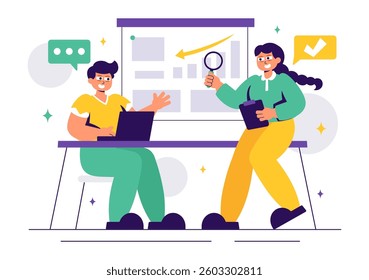 Corporate Investigation Vector Illustration Featuring Observation, Examination, Information Search, and Research for Future Analysis in a Background
