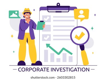 Corporate Investigation Vector Illustration Featuring Observation, Examination, Information Search, and Research for Future Analysis in a Background