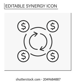 Corporate investment line icon. Circular flow surrounded by dollar signs. Investment inside the company. Synergy concept. Isolated vector illustrations. Editable stroke