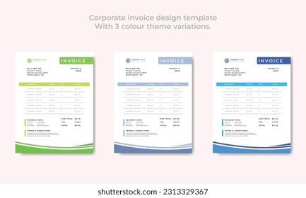 Corporate invoice design template
With 3 colour theme variations vector template.