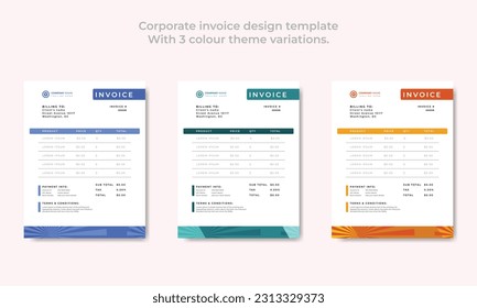 Corporate invoice design template
With 3 colour theme variations vector template.