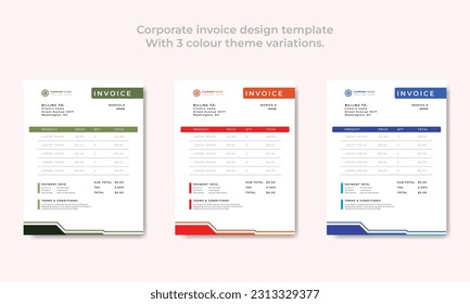 Corporate invoice design template
With 3 colour theme variations vector template.
