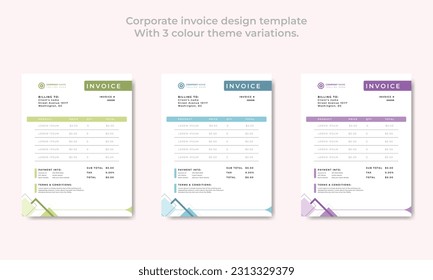 Corporate invoice design template
With 3 colour theme variations vector template.