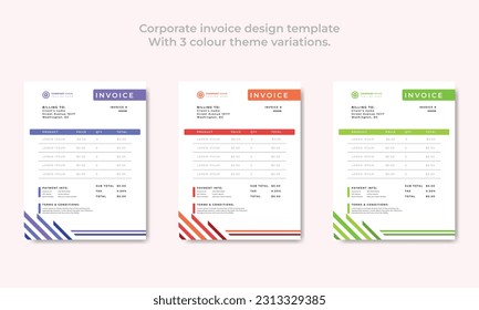 Corporate invoice design template
With 3 colour theme variations vector template.