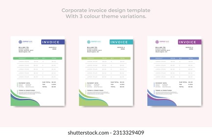 Corporate invoice design template
With 3 colour theme variations vector template.