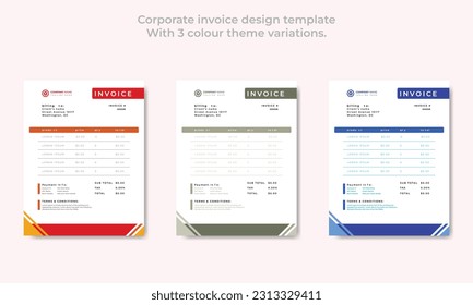 Corporate invoice design template
With 3 colour theme variations vector template.