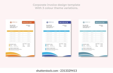 Plantilla de diseño de facturas corporativas
Con 3 variaciones de tema de color plantilla vectorial.