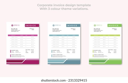 Corporate invoice design template
With 3 colour theme variations vector template.