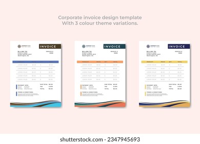 Corporate invoice design template
With 3 colour theme variations.