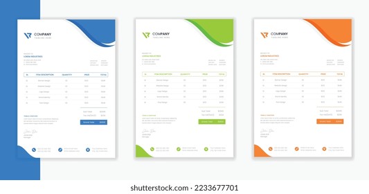 Corporate Invoice stationery design set, Business Invoice template print, colorful medical and school invoice bundle collection