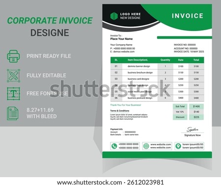 Corporate invoice template featuring a neat and modern layout. Perfect for official use, monthly billing, and client records. Editable and print-ready format for convenience .Thank You . 
