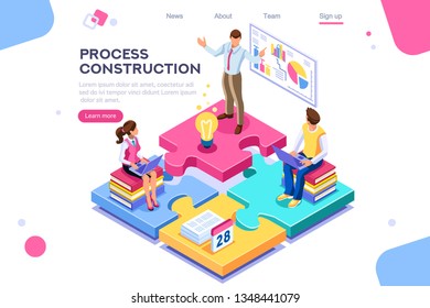 Corporate, joint company. People push support, process construction concept. Flat color icons, creative illustrations, isometric infographic images, web banner