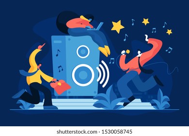 Corporate karaoke party flat vector illustration. Musical entertainment, active recreation, coworkers singing and dancing. Office workers, company employees, happy colleagues cartoon characters