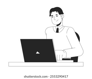 Homem adulto jovem coreano corporativo digitando laptop preto e branco 2D personagem linha. Trabalhador de escritório da geração do milênio asiática usando contorno isolado do vetor do notebook. Ilustração de ponto monocromático