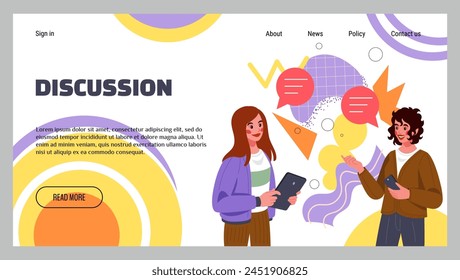 Corporate landing page. Business communication. Employees discussion. Women conversation. Businessman talking. Website interface template. Meeting in office. Brainstorming people. Vector background