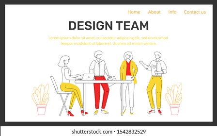 Corporate landing page vector template. Design team. Company teamwork white website interface idea. Organization homepage layout. Business webpage with flat outline cartoon characters