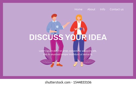 Corporate landing page vector template. Idea discussion and sharing. Company website interface idea with flat illustrations. Organization homepage layout. Business violet webpage cartoon concept