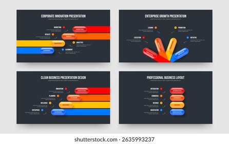 Corporate Launch 4 4 4 4 Step Infographic Slide Layout Set. Enterprise Performance Four Four Four Four Option Diagram Presentation Template Vector Illustration Bundle.