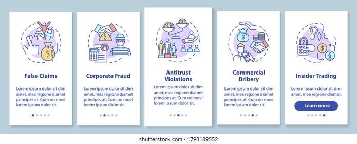 Corporate law common crimes onboarding mobile app page screen with concepts. Antitrust violation. Walkthrough 5 steps graphic instructions. UI vector template with RGB color illustrations