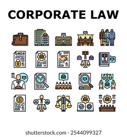 Iconos de cumplimiento de la ley corporativa Establecer el Vector Gobierno corporativo, Contrato de responsabilidad de adquisición de fusiones, Regulación de Litigios Cumplimiento de la ley corporativa Ilustraciones de línea de color