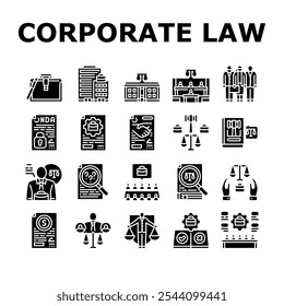 Iconos de cumplimiento de la ley corporativa Establecer Vector Gobierno corporativo, Contrato de responsabilidad de adquisición de fusiones, Regulación de Litigios Cumplimiento de la ley corporativa Glifo Pictograma Ilustraciones