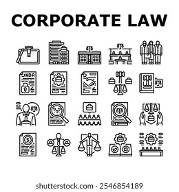 Iconos de cumplimiento de la ley corporativa Establecer el Vector Gobierno corporativo, Contrato de responsabilidad de adquisición de fusiones, Regulación de Litigios Cumplimiento de la ley corporativa Ilustraciones de contorno negro