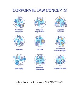 Corporate law concept icons set. Good lawyer skills. Company formation, registration and bankruptcy idea thin line RGB color illustrations. Vector isolated outline drawings. Editable stroke