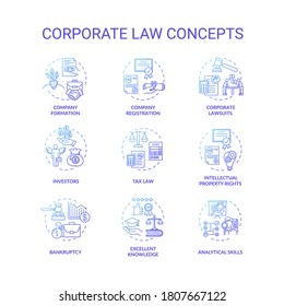 Corporate law concept icons set. Good lawyer skills. Company formation, registration and bankruptcy idea thin line RGB color illustrations. Vector isolated outline drawings