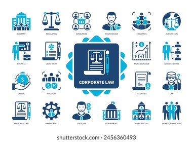 Corporate Law icon set. Regulations, Consumers, Jurisdiction, Investors, Corporation, Administration, Securities, Creditor. Duotone color solid icons