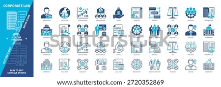 Corporate Law icon set. Regulations, Consumers, Jurisdiction, Investors, Corporation, Organize, Securities, Creditor. Duotone color solid and editable outline icons