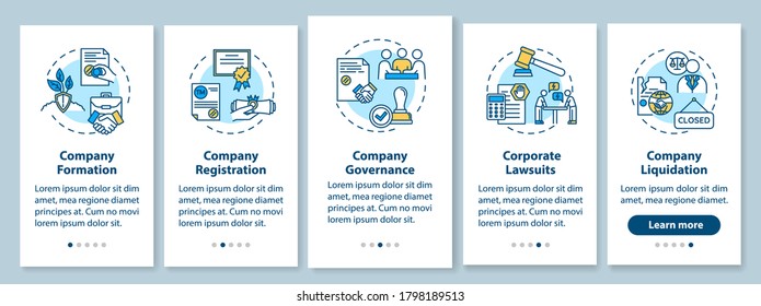 Corporate Law Onboarding Mobile App Page Screen With Concepts. Company Formation. Business Life Cycle Walkthrough 5 Steps Graphic Instructions. UI Vector Template With RGB Color Illustrations