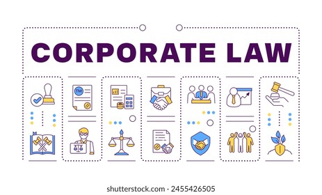 Corporate law turquoise word concept isolated on white. Litigation support. Business contract signing. Creative illustration banner surrounded by editable line colorful icons. Hubot Sans font used