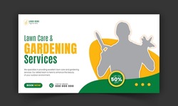 Corporate Lawn Care And Gardening Or Landscaping Services Live Stream Video  Thumbnail Design, Lawn Mower, Gardening, Promotion, Web Banner, Template, Abstract Green And Yellow Color Shapes