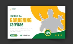 Corporate Lawn Care And Gardening Or Landscaping Services Live Stream Video  Thumbnail Design, Lawn Mower, Gardening, Promotion, Web Banner, Template, Abstract Green And Yellow Color Shapes