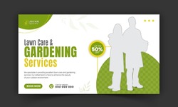 Corporate Lawn Care And Gardening Or Landscaping Services Live Stream Video Thumbnail Design, Lawn Mower, Gardening, Promotion, Social Media Post, Cover Template, Abstract Green, Yellow Color Shapes
