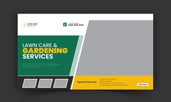 Corporate Lawn Care And Gardening Or Landscaping Services Live Stream Video Thumbnail Design, Lawn Mower, Gardening, Promotion, Social Media Post, Cover Template, Abstract Green, Yellow Color Shapes