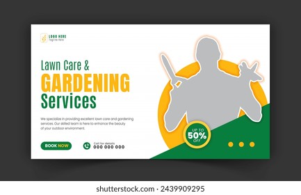 Corporate lawn care and gardening or landscaping services live stream video  thumbnail design, lawn mower, gardening, promotion, web banner, template, abstract green and yellow color shapes